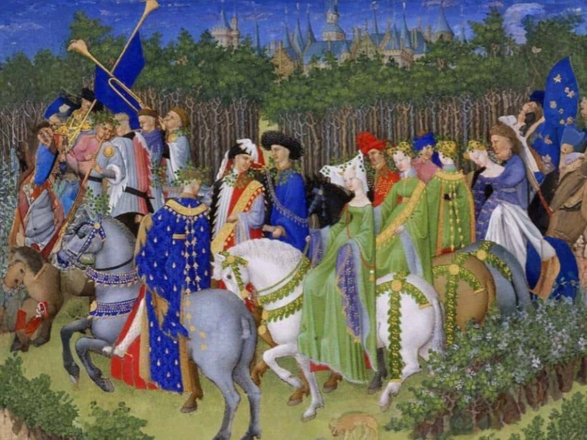 A vibrant medieval procession with ornately dressed figures on horseback, surrounded by a lush forest and a castle in the background.