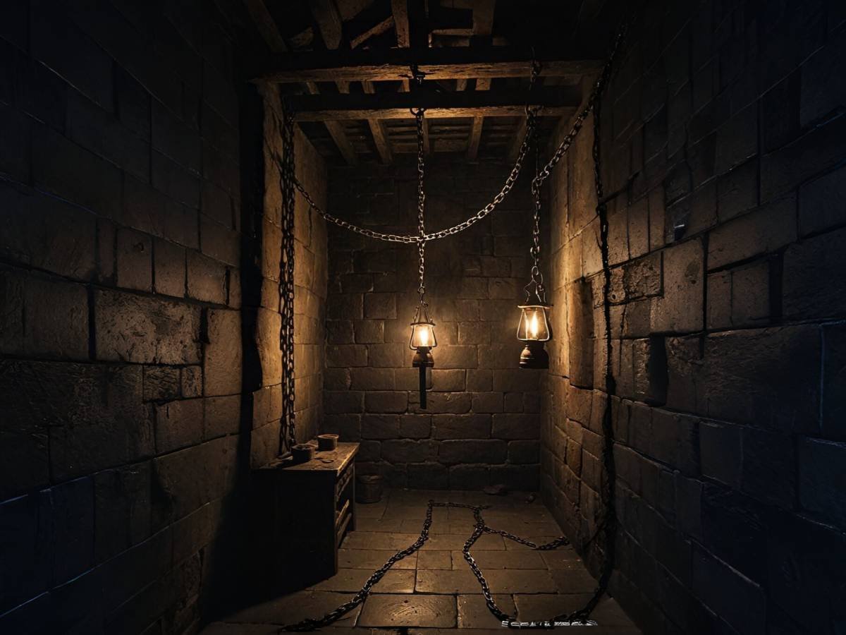 A medieval torture chamber filled with various torture devices.